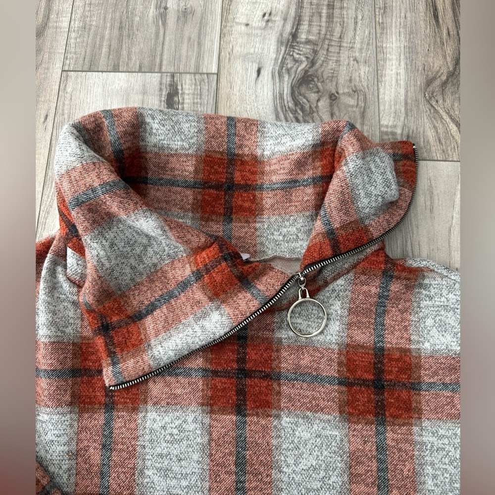 White Birch Plaid Cowl Neck Sweater Sweatshirt  Zip Detail Gray/OrangeSz L - Picture 5 of 7